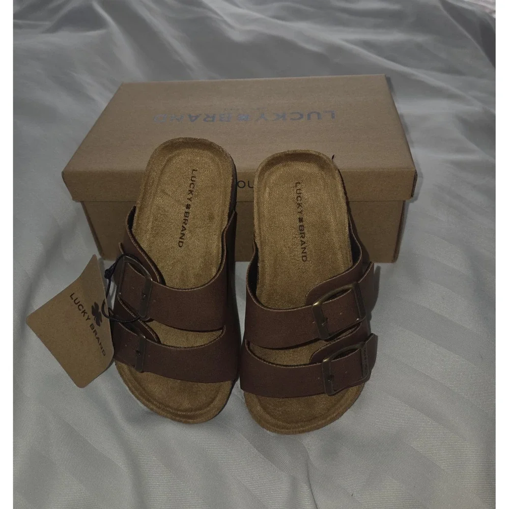Lucky Brand Blanc Kids Brown Dual Strap Buckle Slide Sandals Size 2